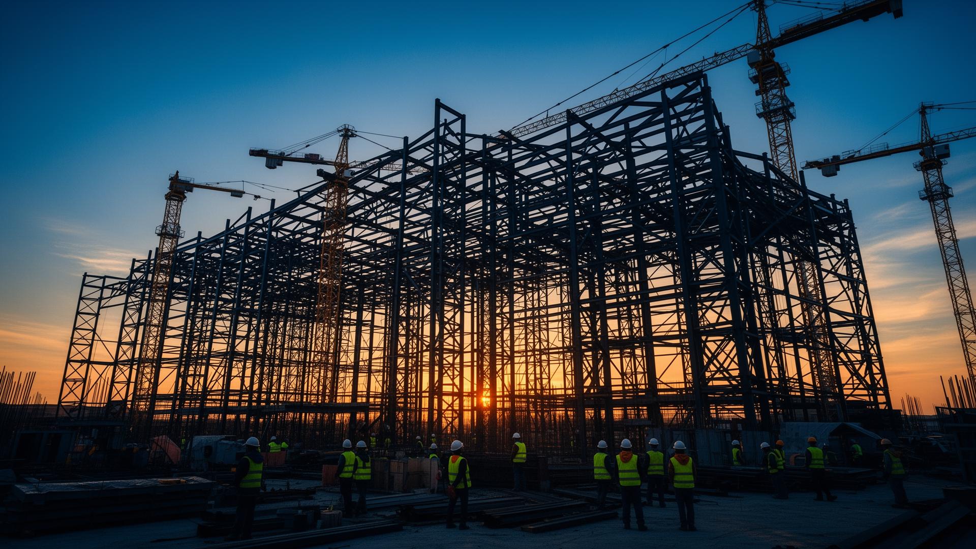 Construction site at golden hour with steel framework and cranes